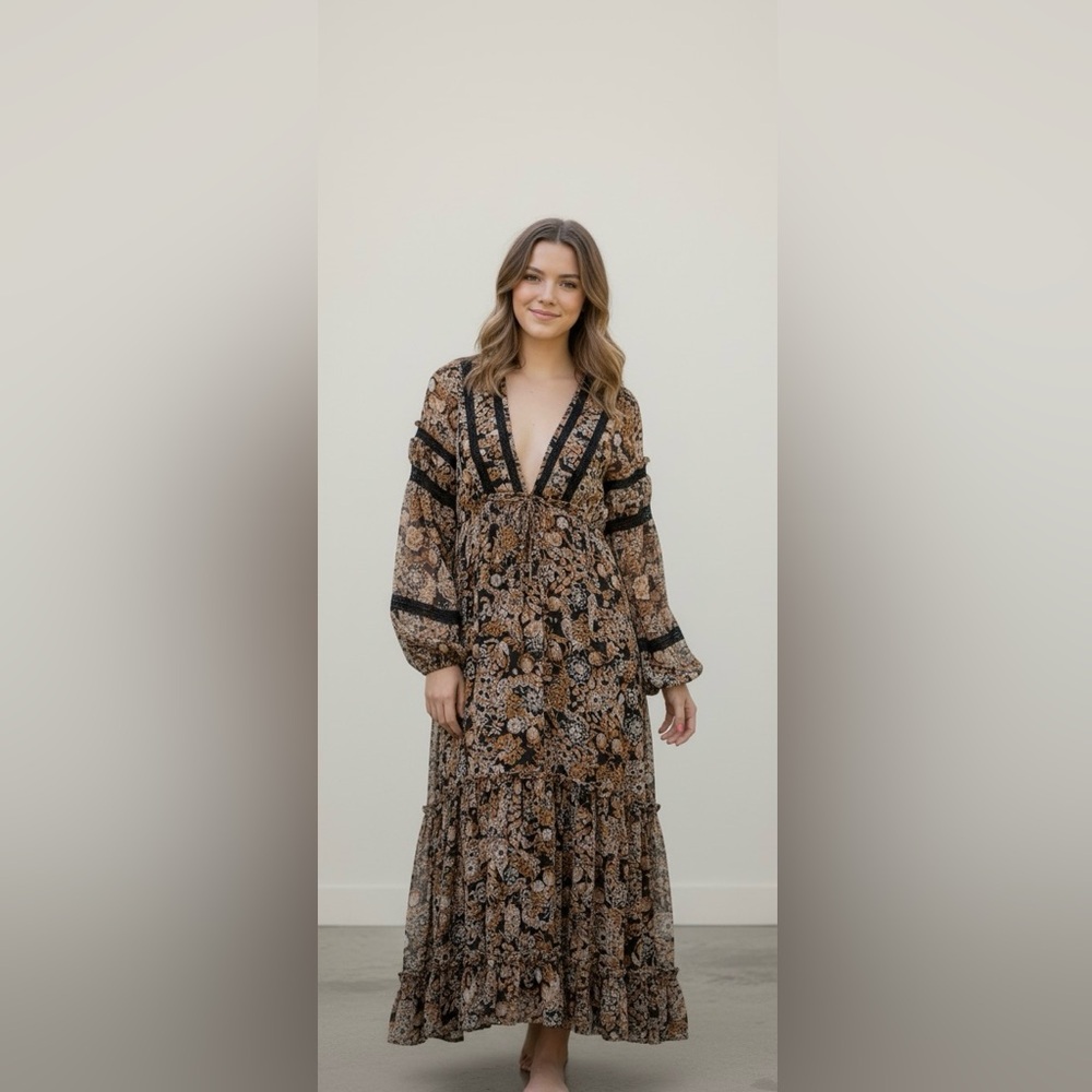 Free People Brown Tan V-Neck Maxi Dress with Bishop Sleeves